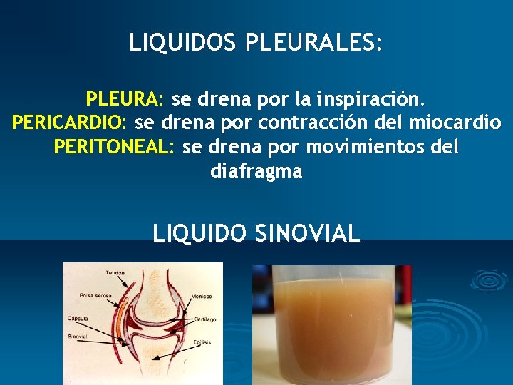 LIQUIDOS PLEURALES: PLEURA: se drena por la inspiración. PERICARDIO: se drena por contracción del