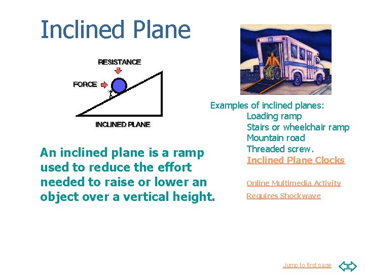 Inclined Plane Examples of inclined planes: Loading ramp Stairs or wheelchair ramp Mountain road
