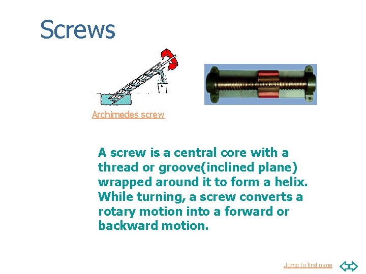 Screws Archimedes screw A screw is a central core with a thread or groove(inclined