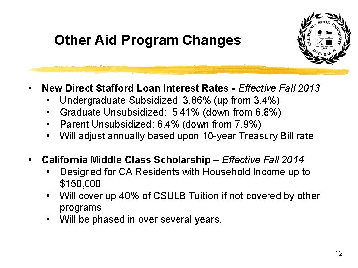 Other Aid Program Changes • New Direct Stafford Loan Interest Rates - Effective Fall