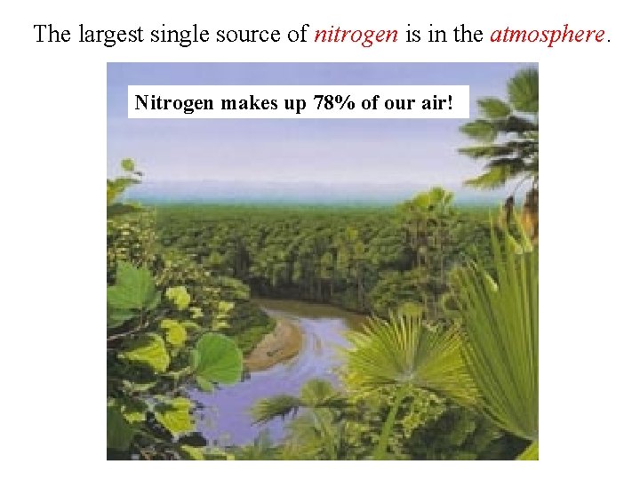 The largest single source of nitrogen is in the atmosphere. Nitrogen makes up 78%