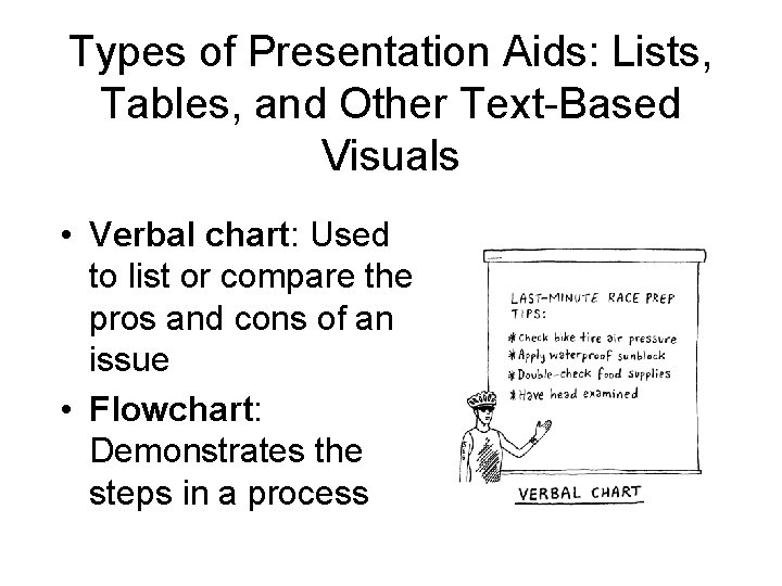 Types of Presentation Aids: Lists, Tables, and Other Text-Based Visuals • Verbal chart: Used