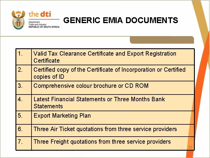 GENERIC EMIA DOCUMENTS 1. Valid Tax Clearance Certificate and Export Registration Certificate 2. Certified