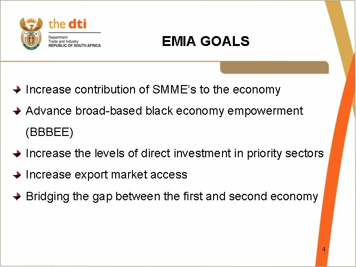 EMIA GOALS Increase contribution of SMME’s to the economy Advance broad-based black economy empowerment