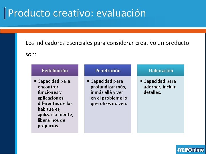 Producto creativo: evaluación Los indicadores esenciales para considerar creativo un producto son: Redefinición Penetración