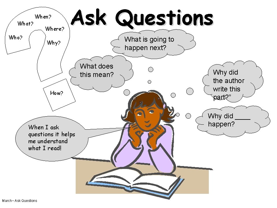 What? When? Who? Where? Ask Questions What is going to happen next? Why? What