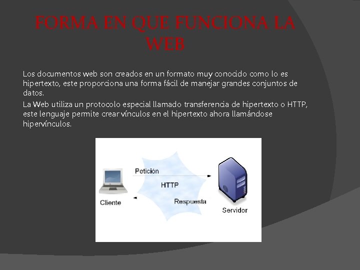 FORMA EN QUE FUNCIONA LA WEB Los documentos web son creados en un formato