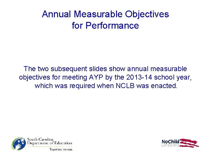 Annual Measurable Objectives for Performance The two subsequent slides show annual measurable objectives for