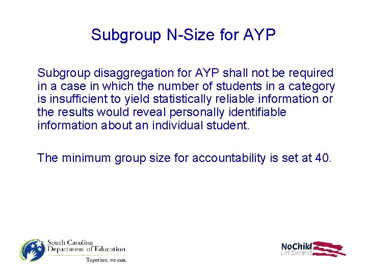 Subgroup N-Size for AYP Subgroup disaggregation for AYP shall not be required in a