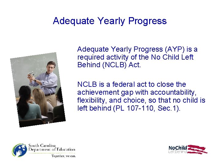 Adequate Yearly Progress (AYP) is a required activity of the No Child Left Behind