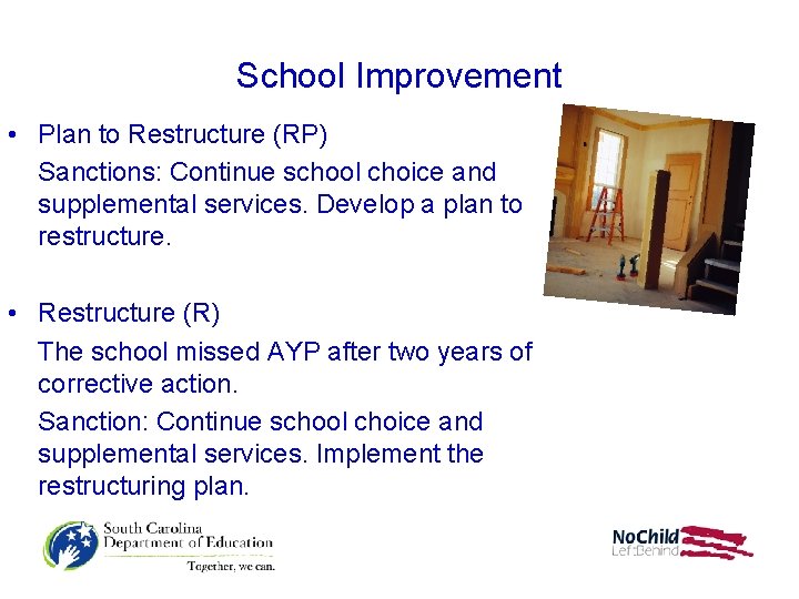 School Improvement • Plan to Restructure (RP) Sanctions: Continue school choice and supplemental services.