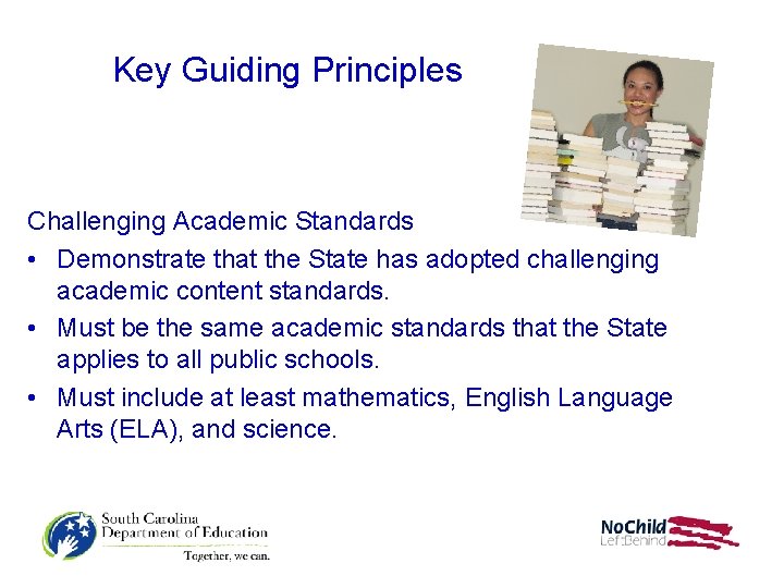 Key Guiding Principles Challenging Academic Standards • Demonstrate that the State has adopted challenging