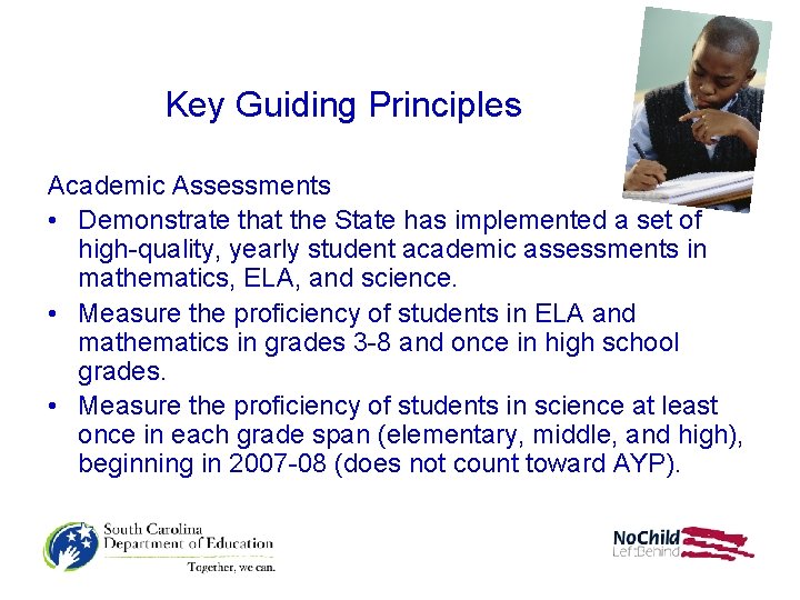 Key Guiding Principles Academic Assessments • Demonstrate that the State has implemented a set