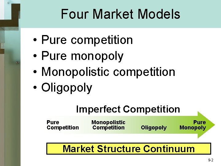 Four Market Models • • Pure competition Pure monopoly Monopolistic competition Oligopoly Imperfect Competition