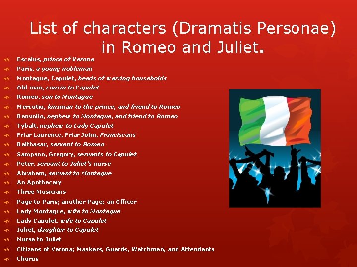 List of characters (Dramatis Personae) in Romeo and Juliet. Escalus, prince of Verona Paris,