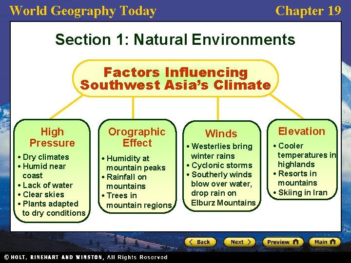 World Geography Today Chapter 19 Section 1: Natural Environments Factors Influencing Southwest Asia’s Climate