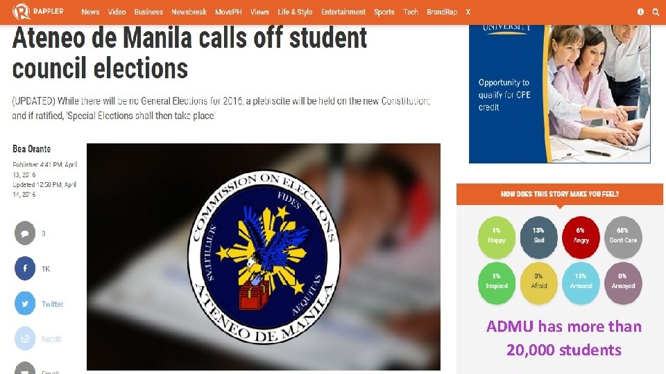 A CASE IN THE PHILIPPINES ADMU has more than 20, 000 students 