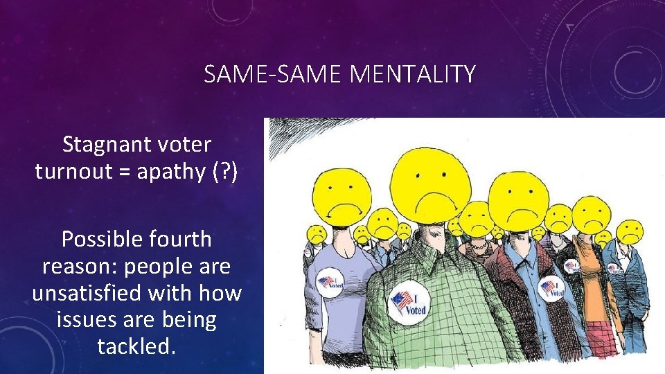 SAME-SAME MENTALITY Stagnant voter turnout = apathy (? ) Possible fourth reason: people are