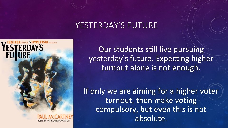 YESTERDAY’S FUTURE Our students still live pursuing yesterday's future. Expecting higher turnout alone is