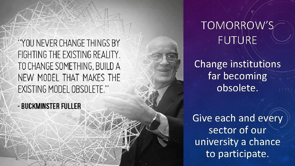 TOMORROW’S FUTURE Change institutions far becoming obsolete. Give each and every sector of our