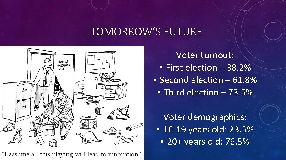 TOMORROW’S FUTURE Voter turnout: • First election – 38. 2% • Second election –