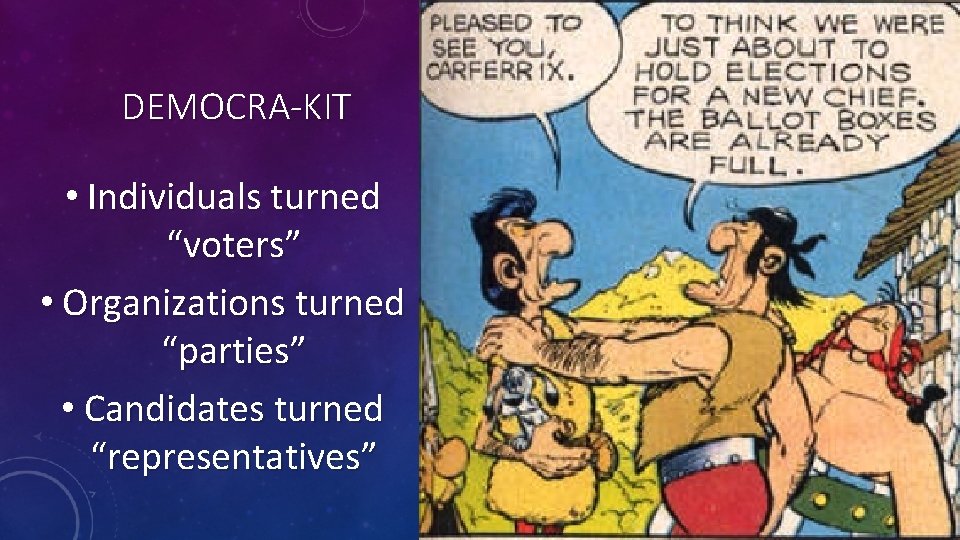 DEMOCRA-KIT • Individuals turned “voters” • Organizations turned “parties” • Candidates turned “representatives” 