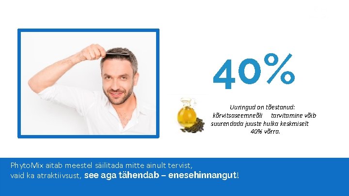 40% Uuringud on tõestanud: kõrvitsaseemneõli tarvitamine võib suurendada juuste hulka keskmiselt 40% võrra. Phyto.