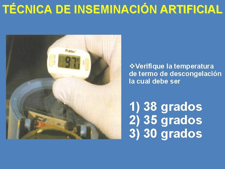 TÉCNICA DE INSEMINACIÓN ARTIFICIAL v. Verifique la temperatura de termo de descongelación la cual
