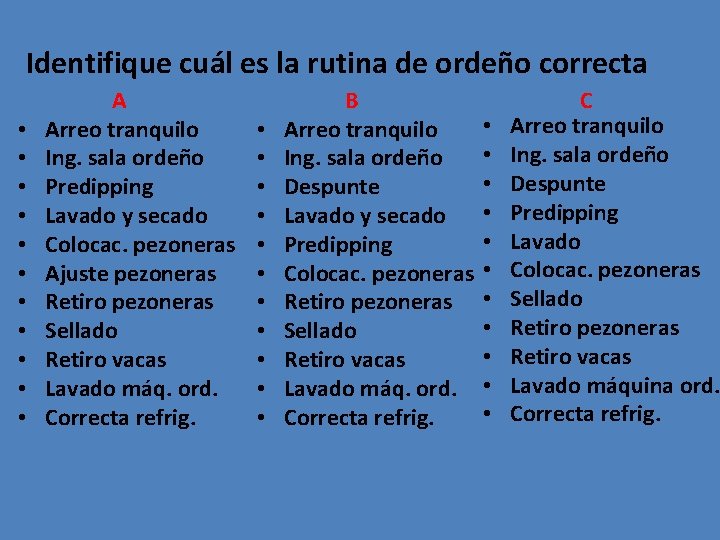 Identifique cuál es la rutina de ordeño correcta • • • A Arreo tranquilo