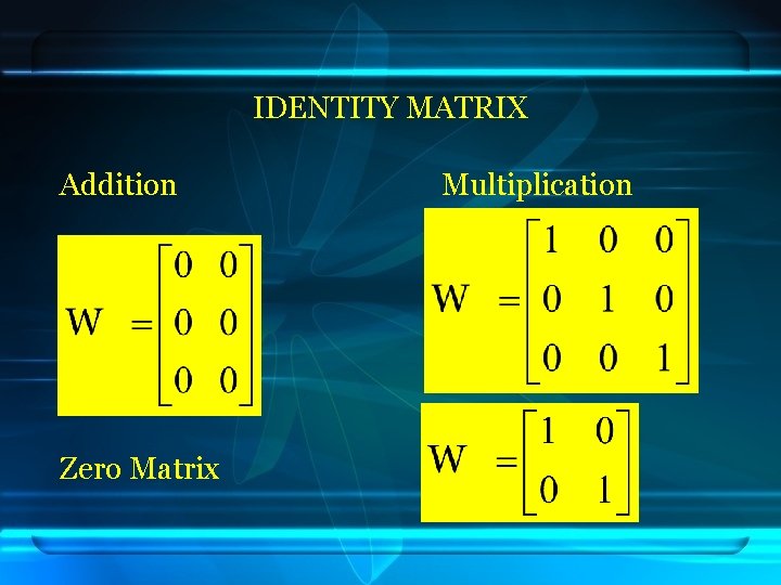 IDENTITY MATRIX Addition Zero Matrix Multiplication 