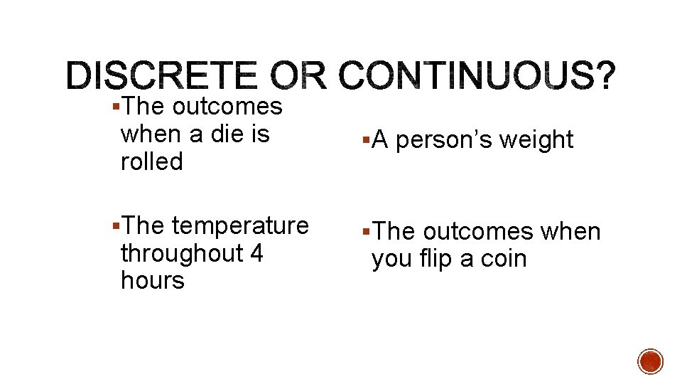 §The outcomes when a die is rolled §The temperature throughout 4 hours §A person’s