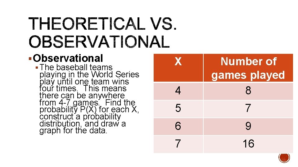 § Observational § The baseball teams playing in the World Series play until one