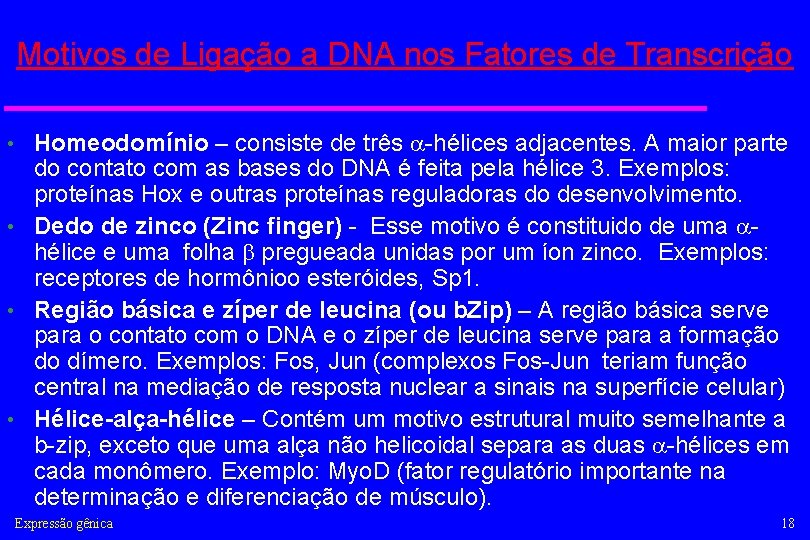 Motivos de Ligação a DNA nos Fatores de Transcrição Homeodomínio – consiste de três