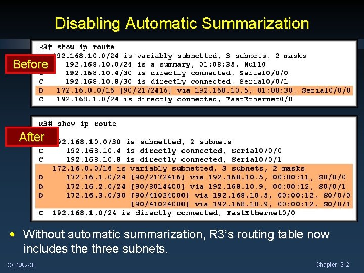 Disabling Automatic Summarization Before After • Without automatic summarization, R 3’s routing table now Disabling Automatic Summarization Before After • Without automatic summarization, R 3’s routing table now