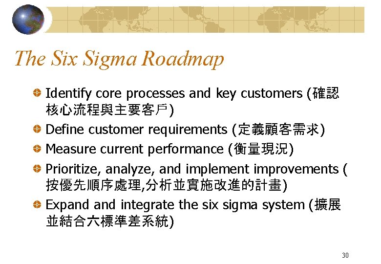 The Six Sigma Roadmap Identify core processes and key customers (確認 核心流程與主要客戶) Define customer