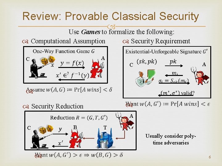Review: Provable Classical Security Use Games to formalize the following: Computational Assumption Security Requirement