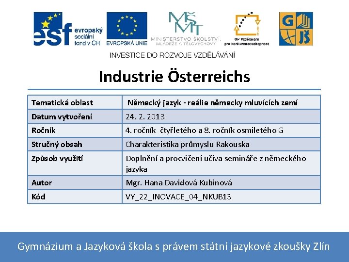 Industrie Österreichs Tematická oblast Německý jazyk - reálie německy mluvících zemí Datum vytvoření 24.