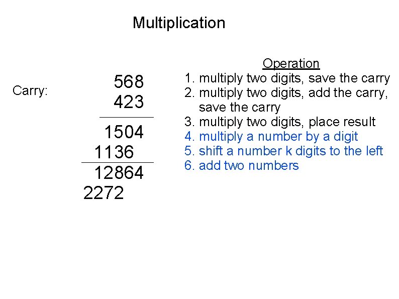 Multiplication Carry: 568 423 1504 1136 12864 2272 Operation 1. multiply two digits, save