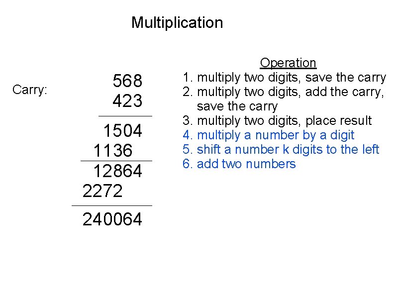 Multiplication Carry: 568 423 1504 1136 12864 2272 240064 Operation 1. multiply two digits,