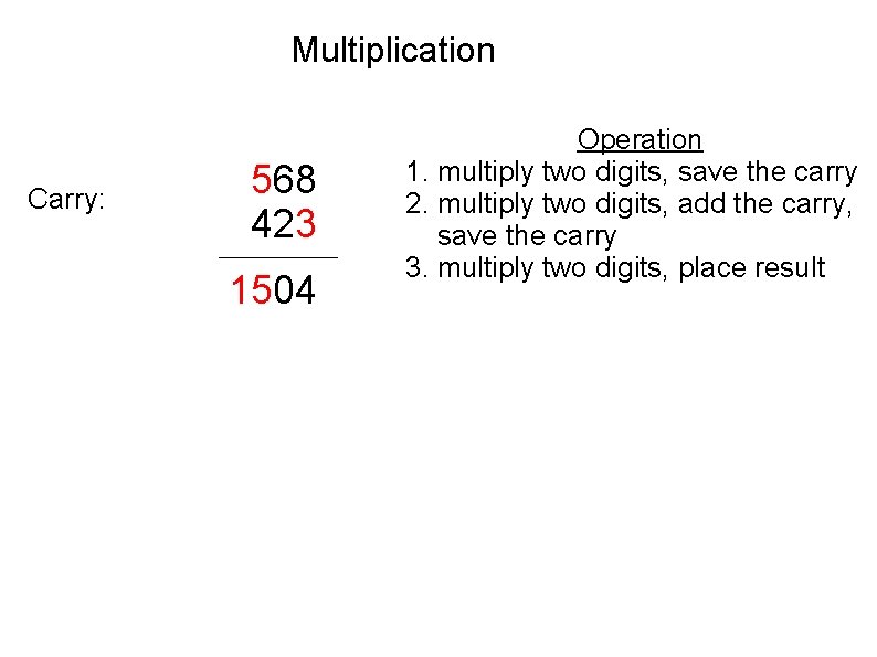 Multiplication Carry: 568 423 1504 Operation 1. multiply two digits, save the carry 2.