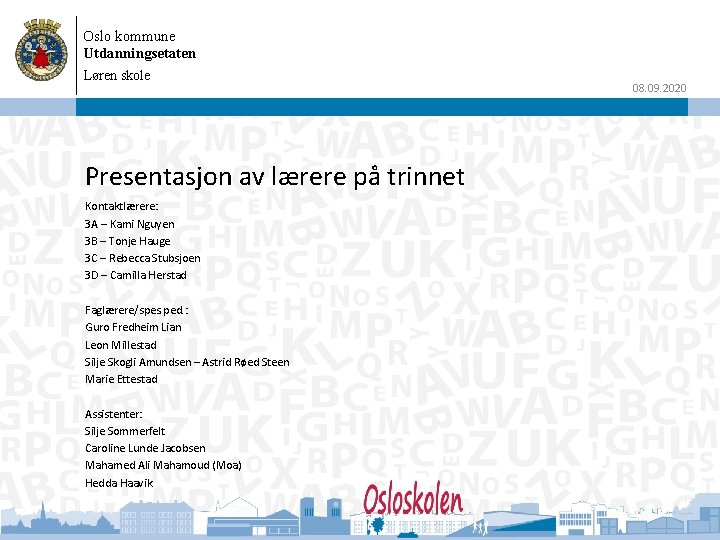 Oslo kommune Utdanningsetaten Løren skole Presentasjon av lærere på trinnet Kontaktlærere: 3 A –