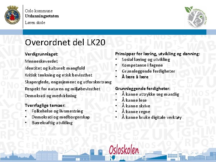 Oslo kommune Utdanningsetaten Løren skole 08. 09. 2020 Overordnet del LK 20 Verdigrunnlaget: Menneskeverdet