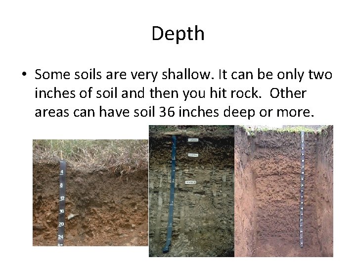 Depth • Some soils are very shallow. It can be only two inches of