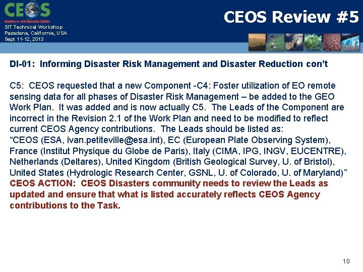 SIT Technical Workshop Pasadena, California, USA Sept 11 -12, 2013 CEOS Review #5 DI-01: