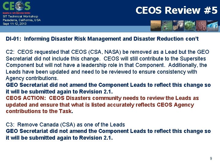 SIT Technical Workshop Pasadena, California, USA Sept 11 -12, 2013 CEOS Review #5 DI-01: