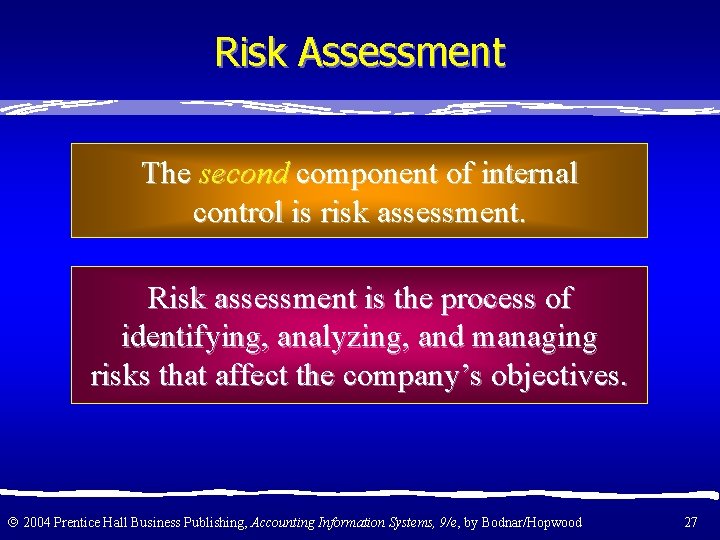 Risk Assessment The second component of internal control is risk assessment. Risk assessment is
