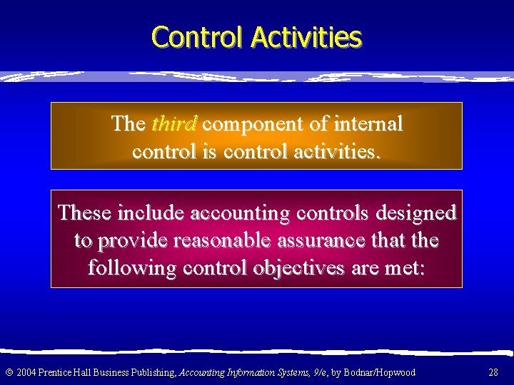 Control Activities The third component of internal control is control activities. These include accounting