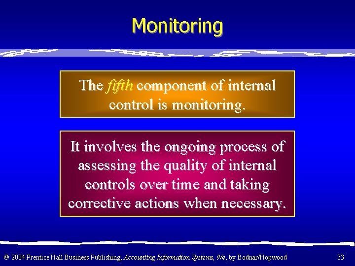 Monitoring The fifth component of internal control is monitoring. It involves the ongoing process