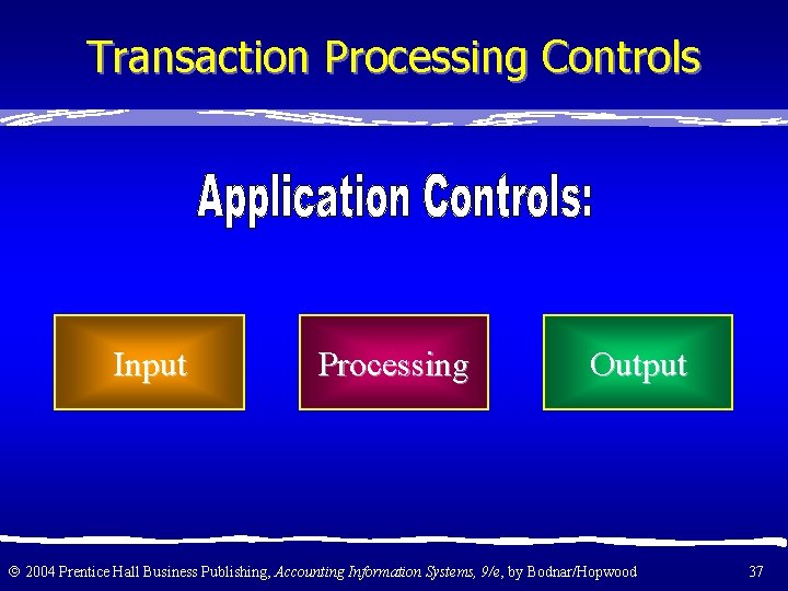 Transaction Processing Controls Input Processing Output 2004 Prentice Hall Business Publishing, Accounting Information Systems,