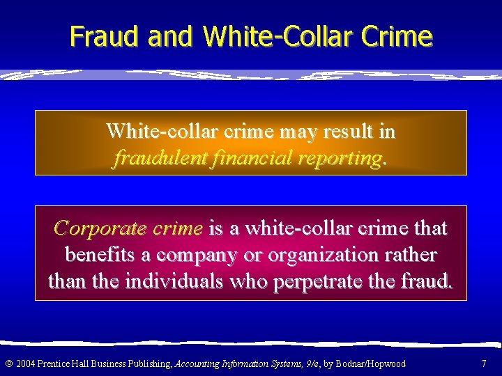 Fraud and White-Collar Crime White-collar crime may result in fraudulent financial reporting. Corporate crime